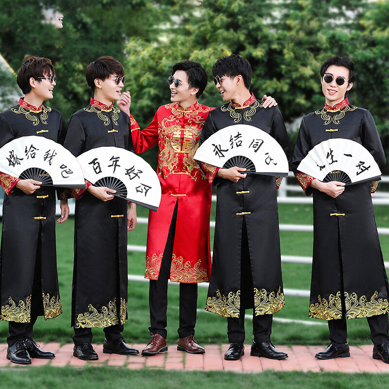 สีแดงสีดำสีชมพูแบบดั้งเดิมชุดจีนขนาดใหญ่ Tang ชาย Robe Brother เครื่องแต่งกาย Cross Talk ชุด Cheongsam Weddin ชุด