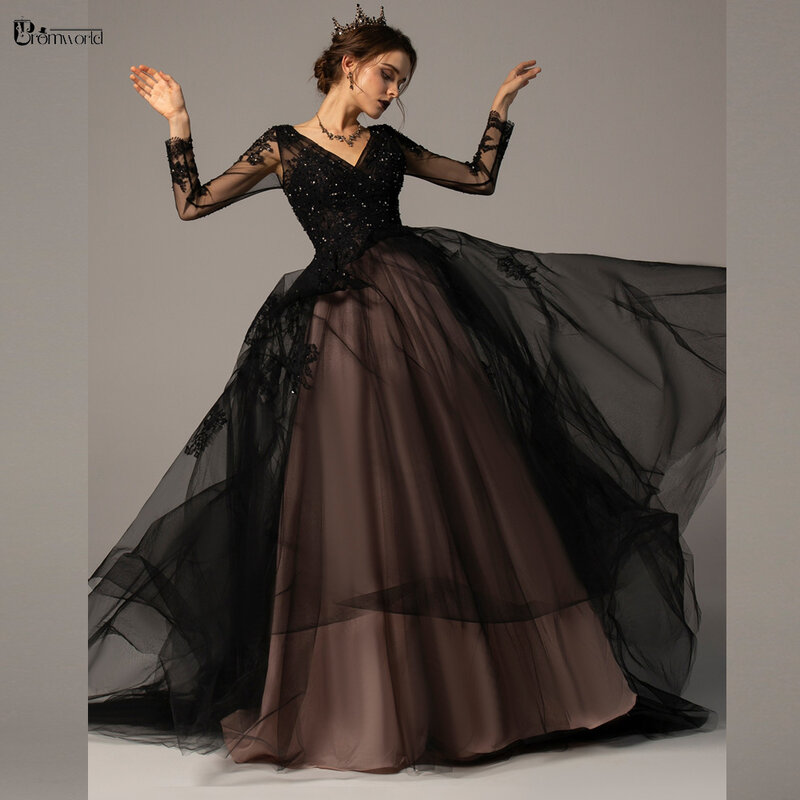 꽃 고딕 블랙 긴 소매 댄스 파티 드레스, 2023 섹시한 v-넥 레이스 페르시 a-라인 이브닝 드레스 플러스 사이즈 오픈 백 Vestidos