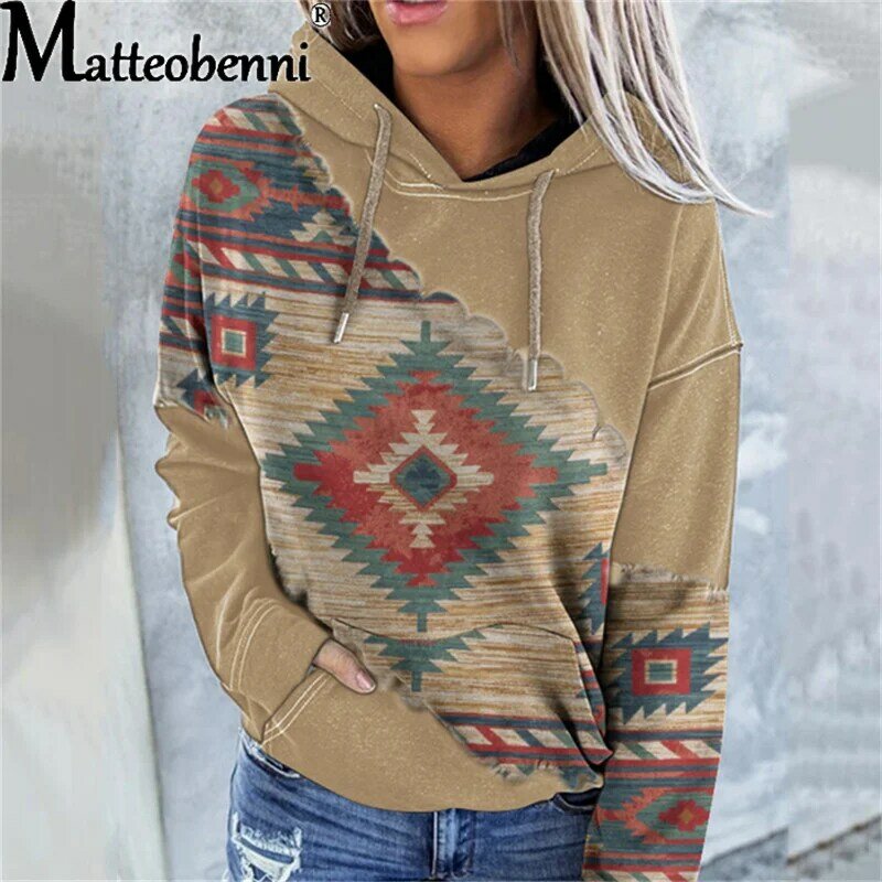 2021 Fashion Printed Patchwork Hooded Sweatshirt Women O-Neck Long Sleeve Casual Loose Hoodies Lady Winter Warm Pocket Pullovers