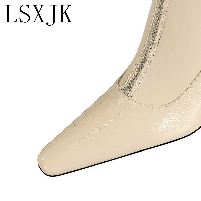 LSXJK – bottes d'hiver en cuir verni brillant avec décoration à fermeture éclair avant, à la mode et simples, talons hauts et épais, bout pointu