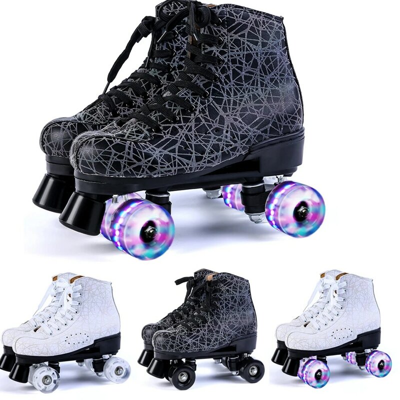 Zapatos de patín de ruedas con Flash Artificial para hombre y mujer, zapatillas de polea de doble fila con estampado 3D, patinaje de PU de 4 ruedas para niños y adultos