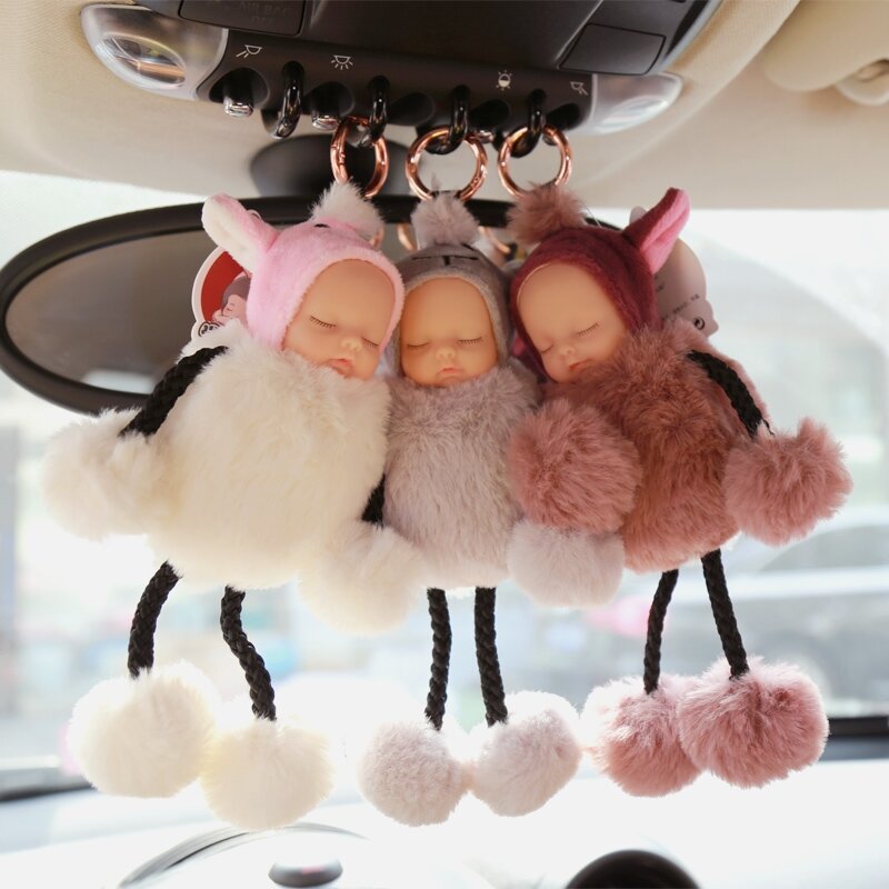 Llavero Kawaii para bebé durmiendo, pompón bonito, muñeco de peluche esponjoso, bolso de mujer, llavero colgante para coche, muñeca encantadora, regalos para niñas