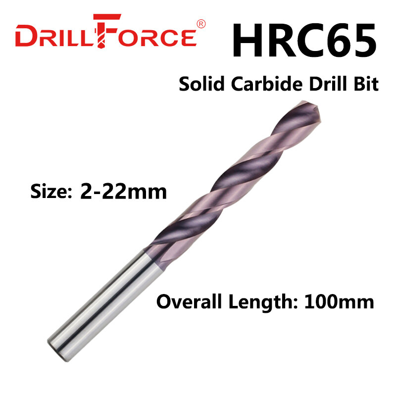 Drillforce OAL HRC65 Conjunto de brocas de metal duro, Flauta espiral, Broca torcida para liga dura, Ferramenta inoxidável, 2mm, 22mm x 100mm, 1Pc