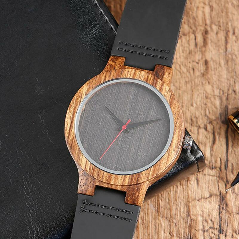 Relógio de pulso redondo de madeira unissex, pulseira de couro sem números, relógio analógico de quartzo