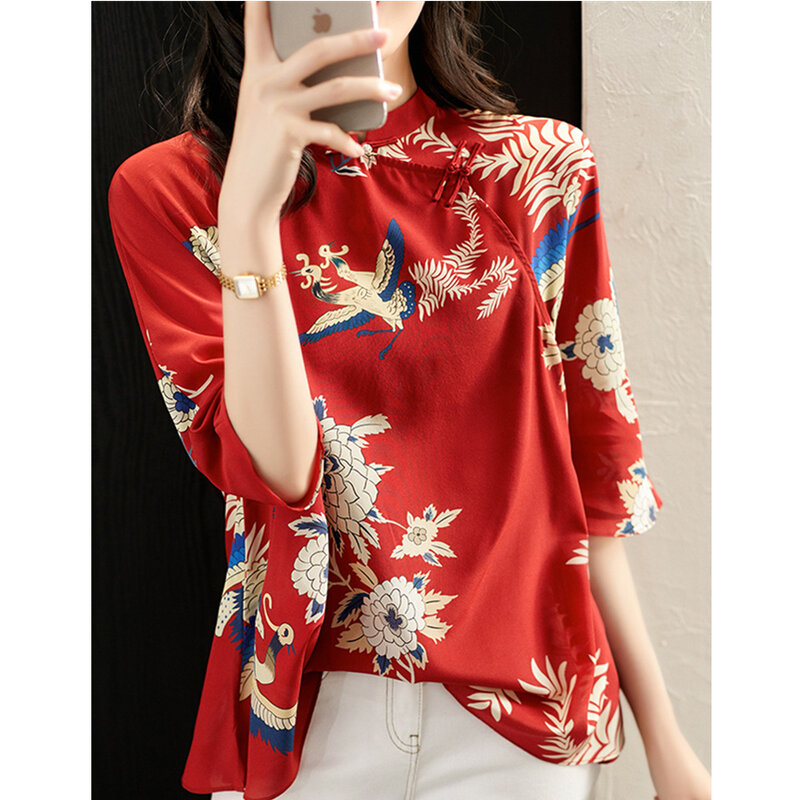 Chemise florale rouge en mousseline de soie, Vintage ample, chemise de Style chinois pour femmes, haut Cheongsam, collection 2020