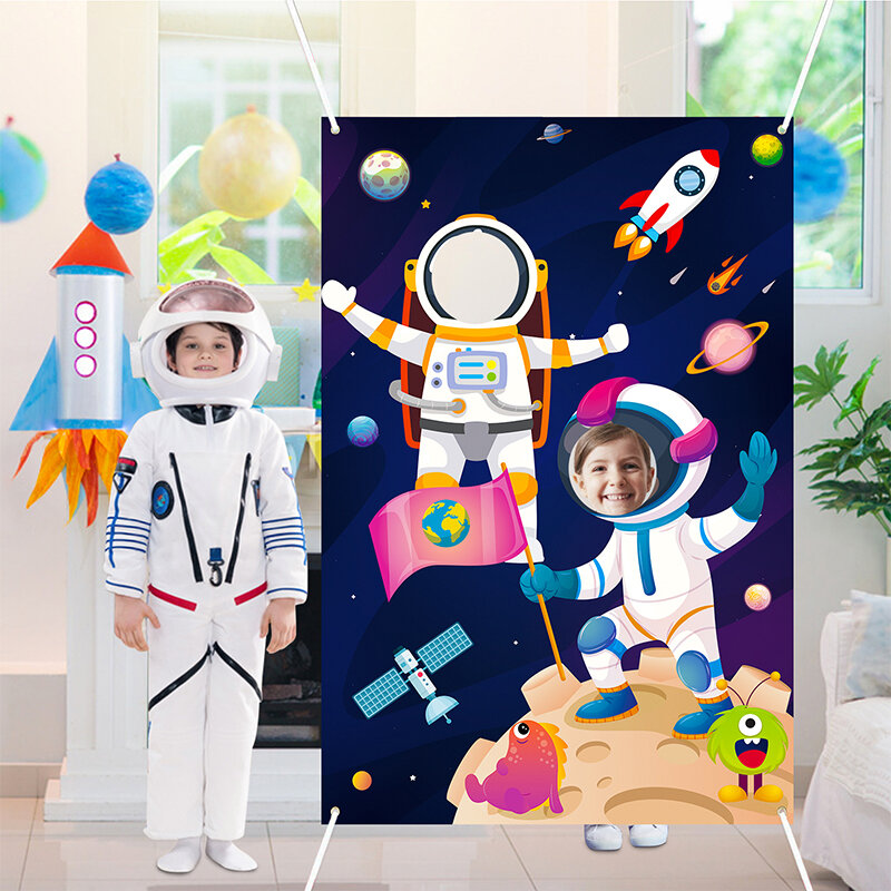 Space Photo Backdrop Props Banner Astronaut Face Photography Background Universe Theme Pretend Play Party Game Supplies for Kids