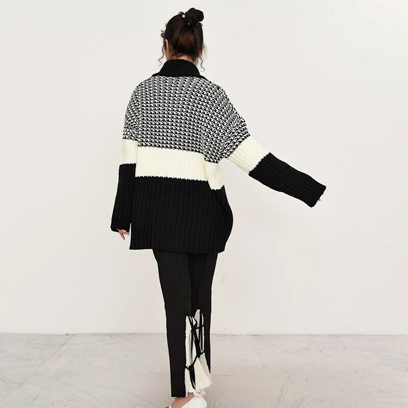 [EAM] Plaid czarny duży rozmiar dzianinowy kardigan sweter luźny krój V-Neck z długim rękawem kobiety New Fashion jesień zima 2021 1Y18001