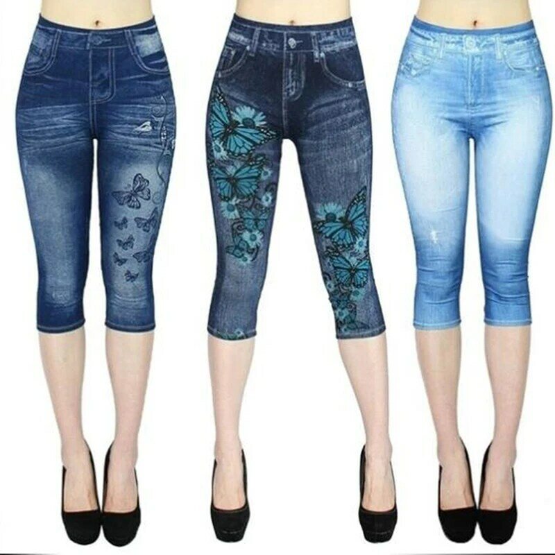Neue Gefälschte Jeans Leggings Frauen Stretch Gedruckt Kurze Legging Plus Größe Kalb-Länge Hosen Sommer Reithose Hohe Taille Jeggings