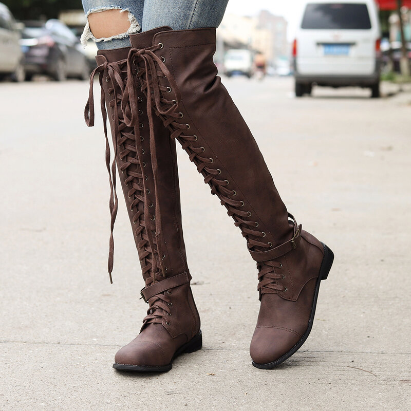 2019 New Women Thigh High Boots Fashion Suede Leather High Heels Lace up Female Over The Knee Boots Plus Size Women Shoes