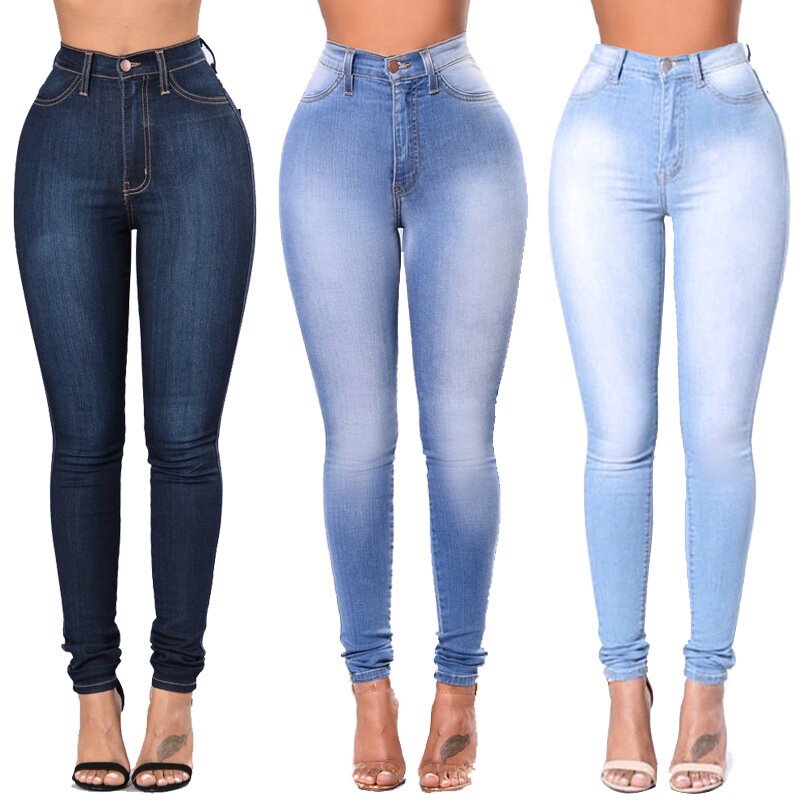 Calças de brim de brim jeans de cintura alta das senhoras de alta elasticidade push up estiramento jeans plus size lavados denim calças de lápis magros