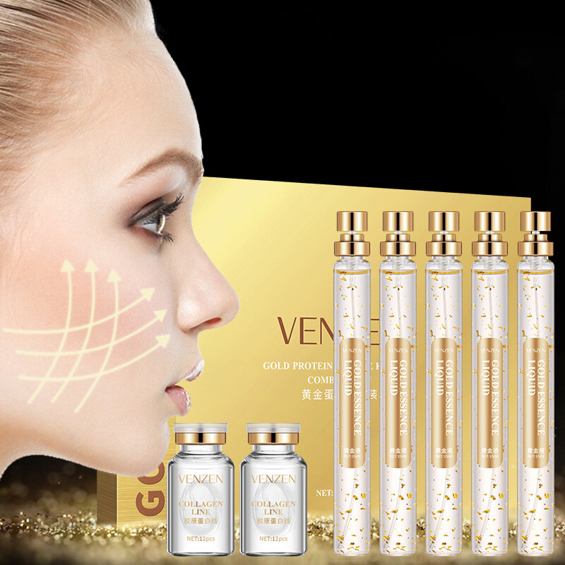VENZEN-Esencia de péptido de proteína, suero facial blanqueador, reafirmante de la piel, antiarrugas, cuidado de la piel, líneas de proteína dorada, colágeno puro