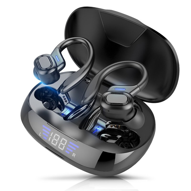 TWS Earphone Bluetooth dengan Mikrofon Olahraga Ear Hook LED Display Headphone Nirkabel HiFi Stereo Earbud Headset Tahan Air