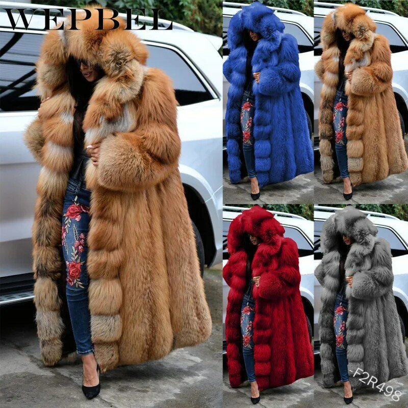 WEPBEL зимнее женское модное повседневное длинное меховое пальто с капюшоном с длинным рукавом Толстая куртка из искусственного меха теплая Д...