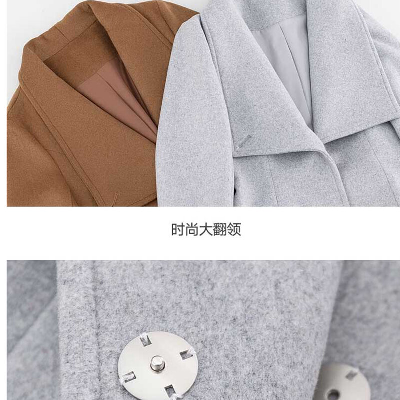 Elegante casaco longo de lã feminino com cinto, jaqueta monocromática, manga comprida, casaco vintage para escritório, sobretudo de ombro feminino, 2021