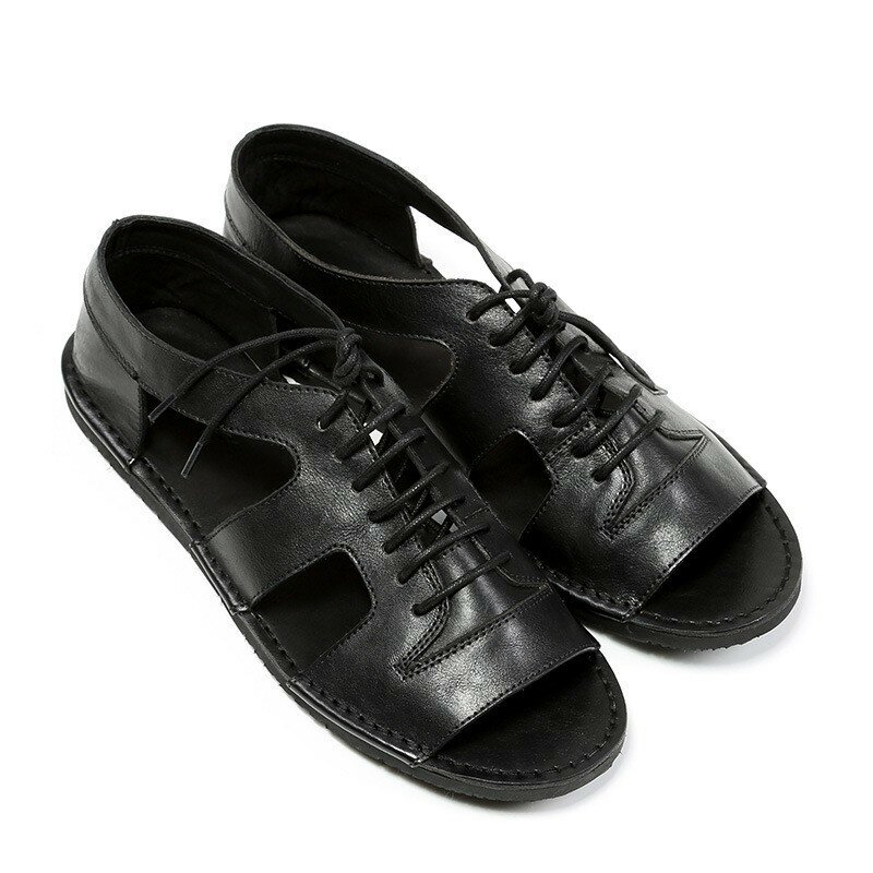 Verão roma sapatos casuais dos homens designer preto slides inglaterra retro rendas até sandálias de couro real gladiador dedo do pé aberto praia