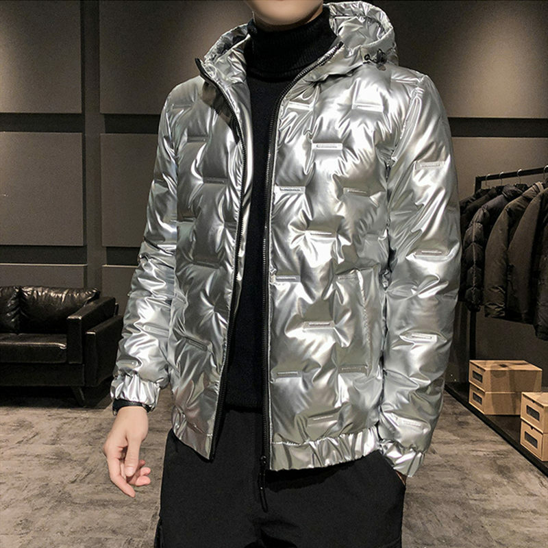 Inverno poliéster masculino jaqueta com capuz manga longa cardigan bolsos zíper fino sólido grosso brilhante moda casual para baixo jaqueta
