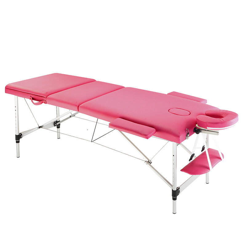 3 Sections 185 x 60 x 81cm Foldable Beauty Bed Folding Portable Aluminum Foot Beauty Massage Table 60CM Wide Pink