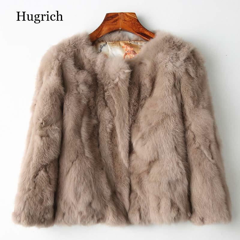 Chaqueta de piel auténtica para mujer, abrigo de piel de conejo Natural al por mayor, abrigo de piel de conejo fino con cuello redondo a la moda