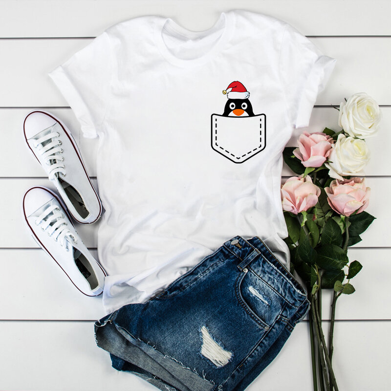 LUSLOS kobiety 2020 lato z krótkim rękawem boże narodzenie pingwiny Cute Lady t-shirty Top T Shirt damskie damskie graficzne trójnik żeński T-Shirt