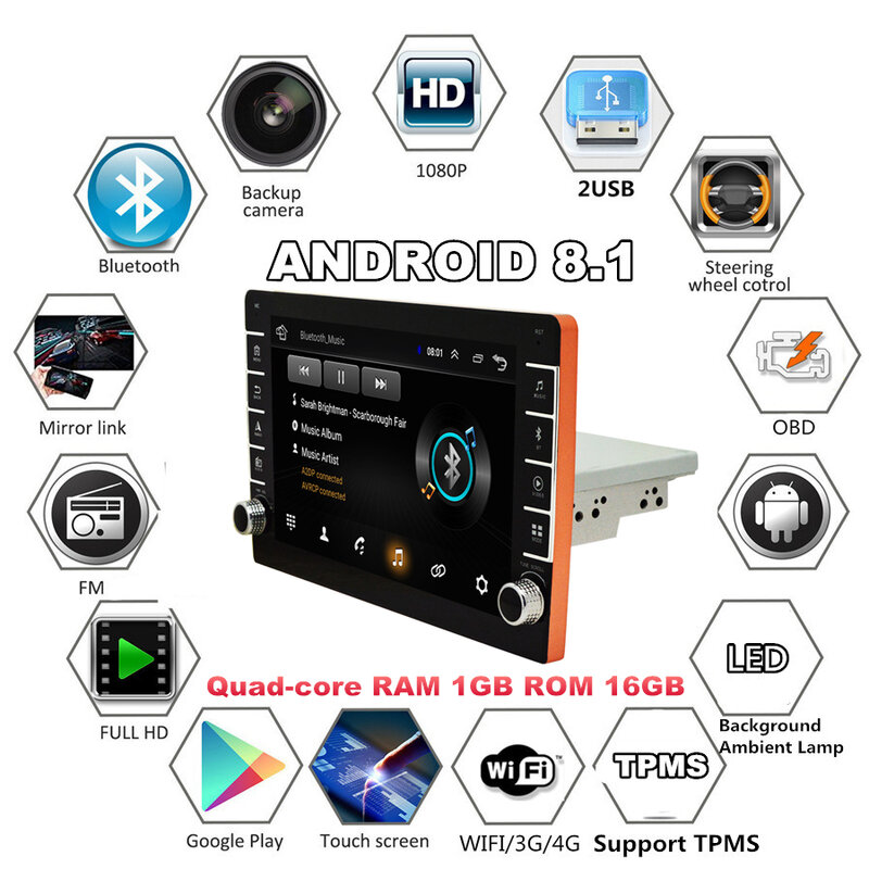 1Din Adjustable 9" Android 8.1 1080P Touch Screen Car Stereo Radio With Button Knob Quad-core RAM 1GB ROM 16GB GPS Wifi 3G 4G