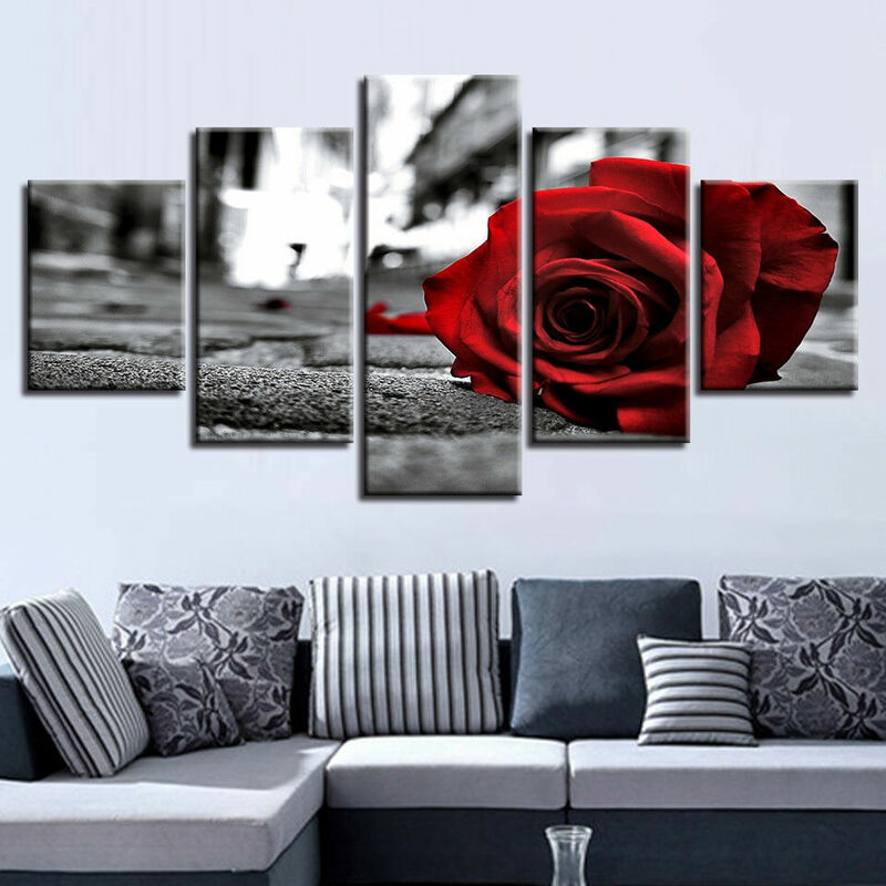 Geen Ingelijst Canvas 5 Stuks Romantische Rode Roos Posters Wall Art Pictures Decoratie Accessoires Home Decor Schilderijen