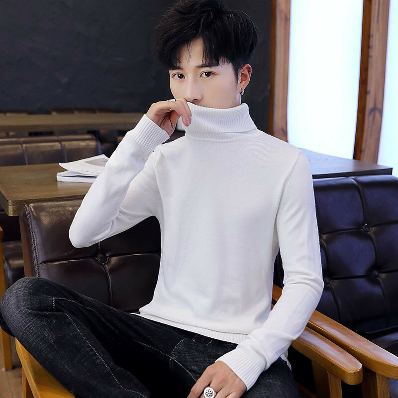 2019 New Autumn Winter Men's Sweater Turtleneck Solid Color Casual Sweater Male Double Collar Slim Fit Brand Knitted Pullovers