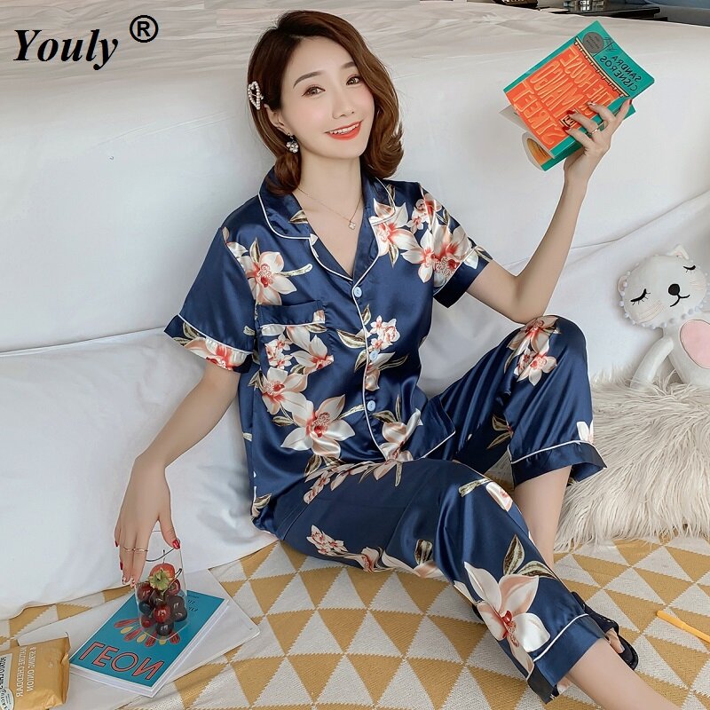 Conjunto pijama casual feminino, pijama de cetim com estampa floral, manga curta, de bolso, para mulheres, roupa de dormir