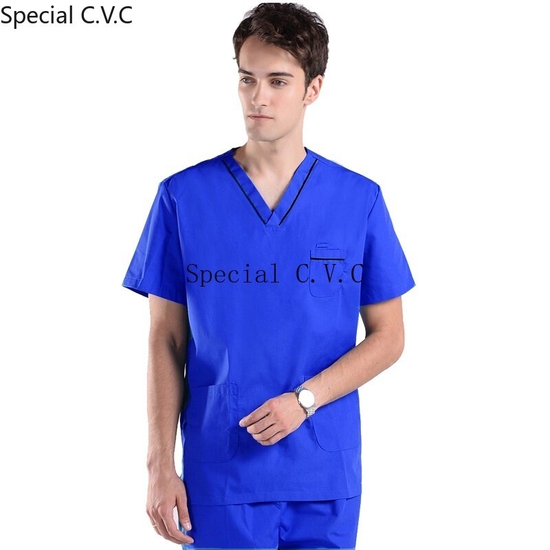 Men's Scrubs Top Pure Cotton Doctor Clothing Classic V-neck Nursing Uniform Short Sleeve Shirt with Side Vent ( Just A Top)