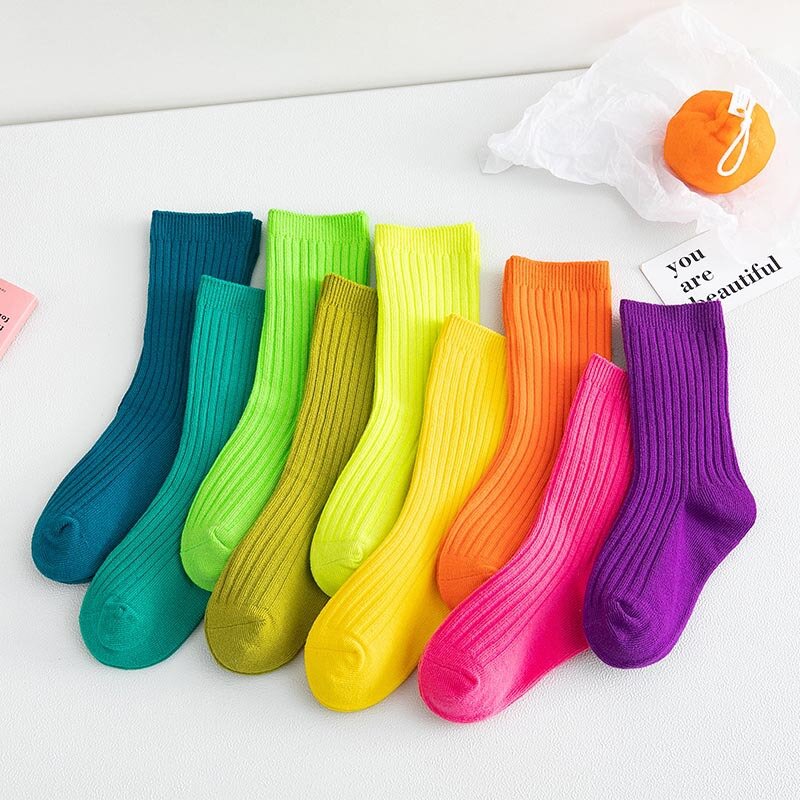 1-14T Mode Product Hoge Kwaliteit Gekamd Katoen Pit Stapel Stapel Babys Kids Sokken Fluorescerende Candy Kleur Medium buis Sokken