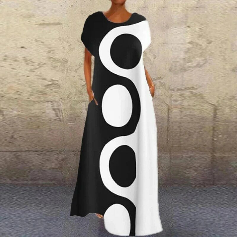 女性のためのエレガントな抽象的な女の子のプリントドレス,カジュアルなイブニングドレス,半袖,Vネック,長くてルーズな台形のサマードレス