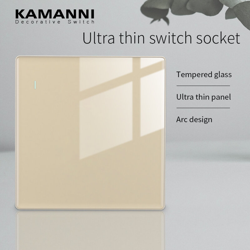 KAMANNI Ultra-Thin High-Grade Gold Tempered Glass Material Light Switch Socket 1/2/3/4 Gang Dual Control Dual Socket With USB