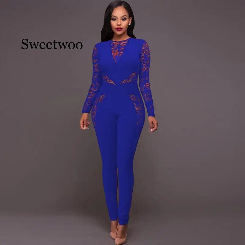 Women Lace Hollow out Jumpsuit Patchwork Sexy High Waist Pencil Pants Zipper Night Club Rompers