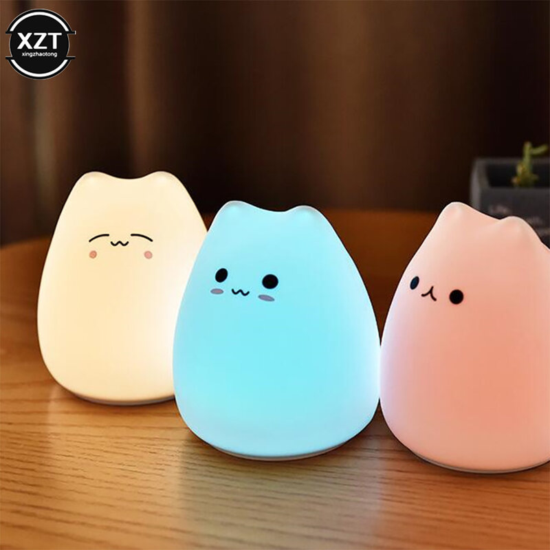 Cat Silicone Touch Sensor LED Night Lamp, Luz Animal, Colorido, Dormindo, Criativo, Quarto, Desktop Decor, Presente para Criança, Férias