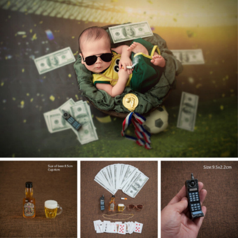 Mini Rekwisieten Pasgeboren Fotografie Props Baby Fotoshoot Accessoires Creatieve Rekwisieten Bier Bril Speelkaart Sigaret Ketting