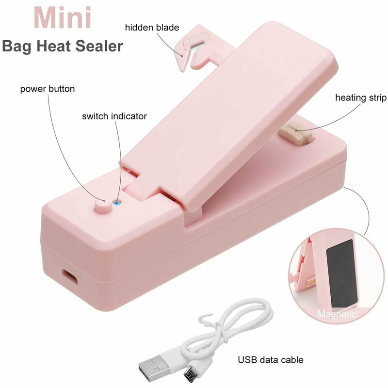 2 In 1 Mini Magnetic Sealer Bag Cutter Opener Portable Food Snack Sealing Packaging Machine Rechargeable Kitchen Bag Heat Sealer