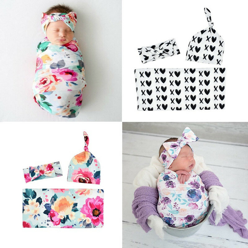 Faixa envoltória floral para bebê, manta para bebê recém-nascido, chapéu de menino e menina, cobertor para recebimento de envoltório infantil com 3 espaços