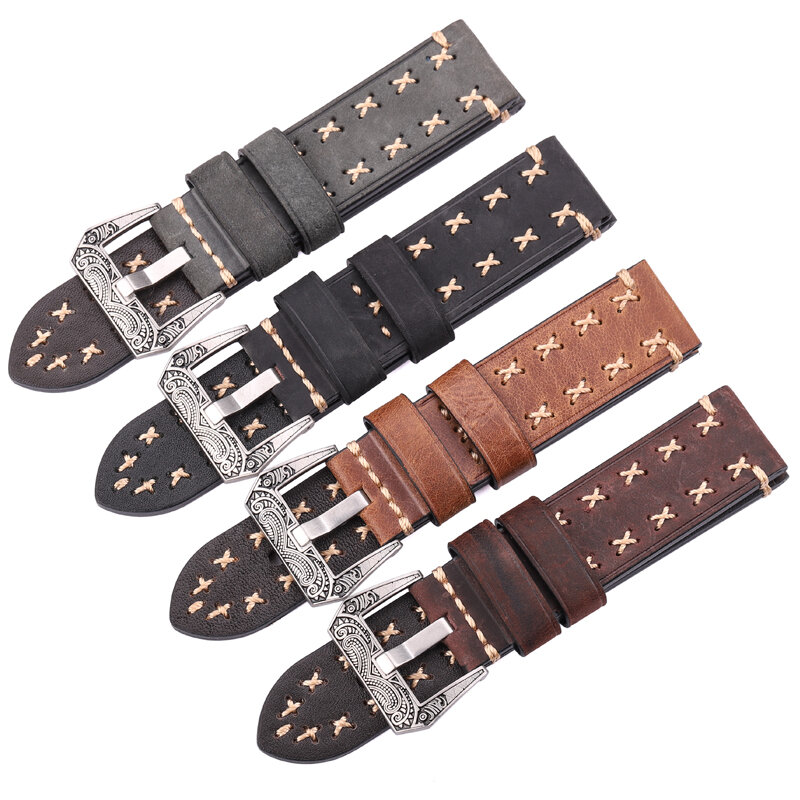 Bracelets de montre faits à la main pour hommes et femmes, acier inoxydable rétro, structure 22mm, 24mm, bracelet de montre en cuir véritable, ceinture, accessoires de montre