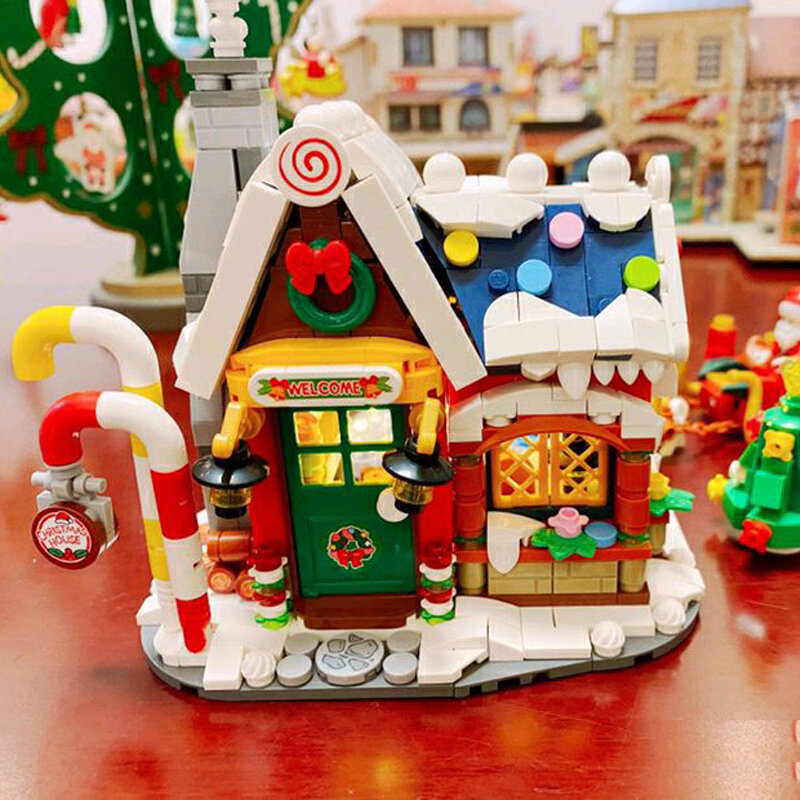 Vrolijk Kerstfeest Huis Boom Kerstman Snowman Slee 3D Model Diy Mini Bakstenen Blokken Building Speelgoed Voor Kinderen