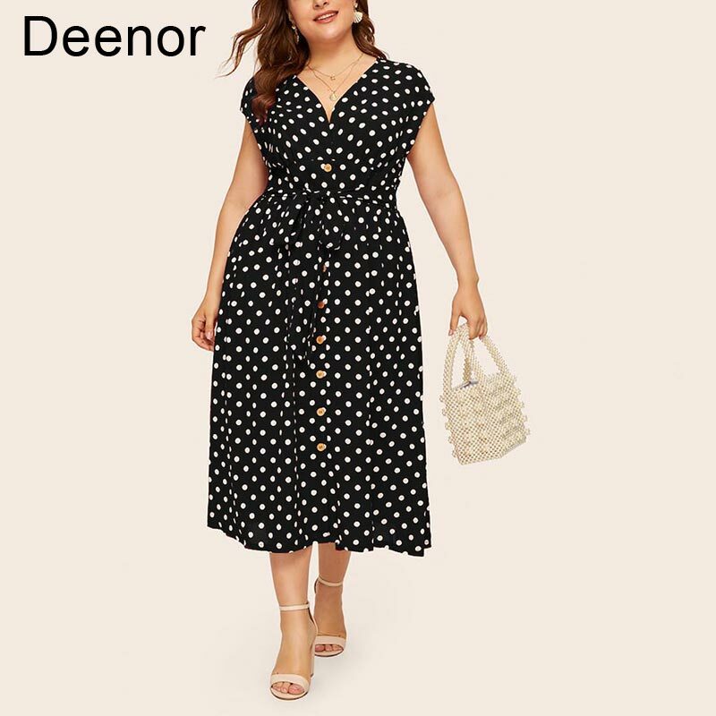 Deenor Plus Größe Kleid Polka Dot Kleid Taste Spitze Up V-ausschnitt Kleider Mode Mode Büro Dame Kleid Frau