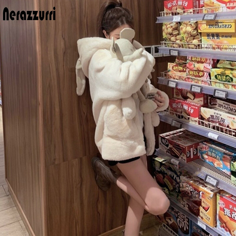 Nerazzurri ฤดูใบไม้ผลิปุยแจ็คเก็ตกับกระต่ายหู Raglan Sleeve ซิป Oversize อ่อน Harajuku Kawaii Faux Fur Hoodie 2021