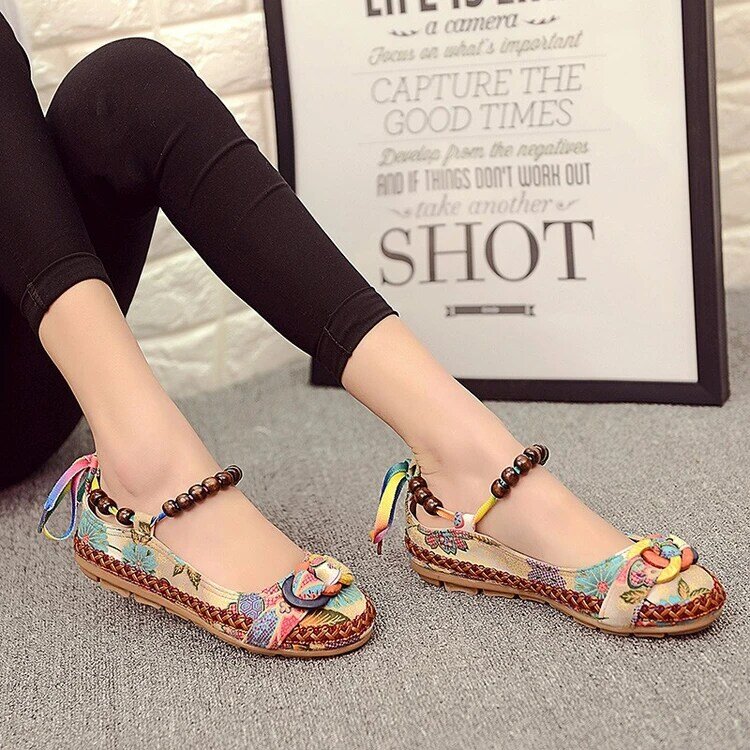 2019 Plus size42 Casual Flat Shoes Women Flats Handmade Beaded Ankle Straps Loafers Zapatos Mujer Retro Ethnic Embroidered Shoes