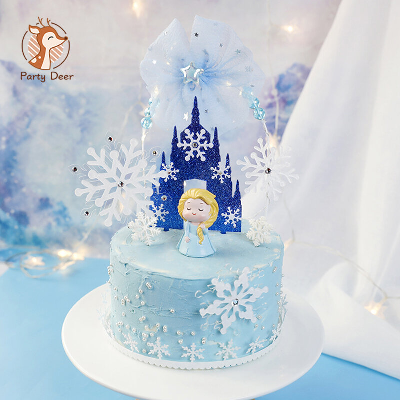 Święta bożego narodzenia i niebieskie dekoracje z serii księżniczki użyj wszystkiego najlepszego z okazji urodzin zamek płatki śniegu ozdoba na wierzch tortu upominki dla ukochanej osoby
