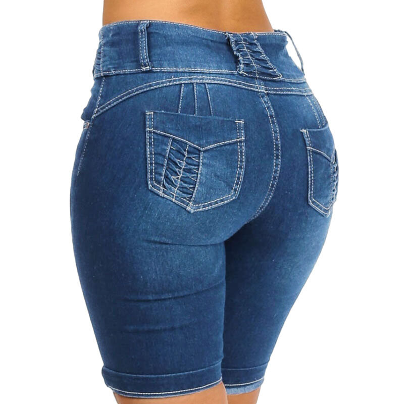 Calções jeans skinny femininos, cintura alta, stretch, bodycon, finos, até o joelho, jeans curtos, sexy, moda feminina, novo