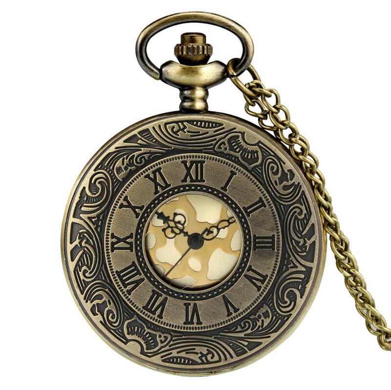 Retro Bronze Hollow Flip Quartz นาฬิกาตัวเลขโรมันนาฬิกา Gold Dial นาฬิกาแฟชั่นและทนทานจี้สร้อยคอของขวัญ