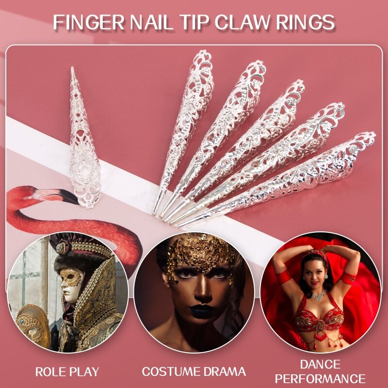 Fingertip Claw Rings ozdabianie paznokci chiński palec pazury taniec brzucha paznokcie w dłoniach pierścionki na cały palec fałszywe długie paznokcie