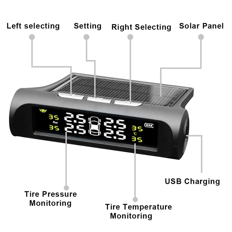 Sistema de control de presión de neumáticos TPMS, Sensor de alarma con pantalla LCD colorida, energía Solar interna/externa, advertencia de Temperatura de Carga