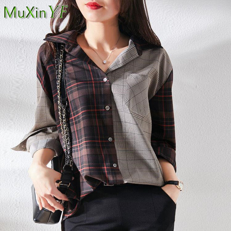 Vrouwen Shirt 2021 Lente Herfst Nieuwe Stiksels Plaid Losse Lange Mouwen Blouse Koreaanse Fashion Elegant Vintage Vest Top