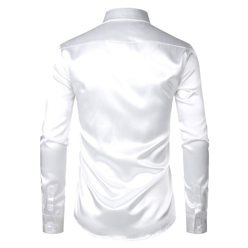 Camicia da smoking in raso di seta bianca da uomo 2023 camicie da uomo aderenti a maniche lunghe di marca camicia Casual da ballo per feste di matrimonio Chemise