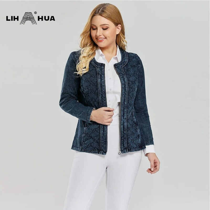 LIH HUA frauen Plus Größe Casual Denim Jacke Premium Stretch Gestrickte Denim mit schulter pads