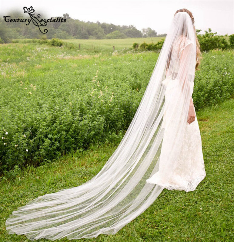 Véus de noiva longo estilo catedral, véu de casamento com pente em uma camada branca de marfim simples